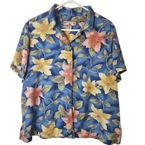 Caribbean Joe Mens Hawaiian Blue Floral Button Down Shirt Casual Size 2X